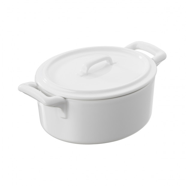 White porcelain cocotte with lid lid with loop handle
